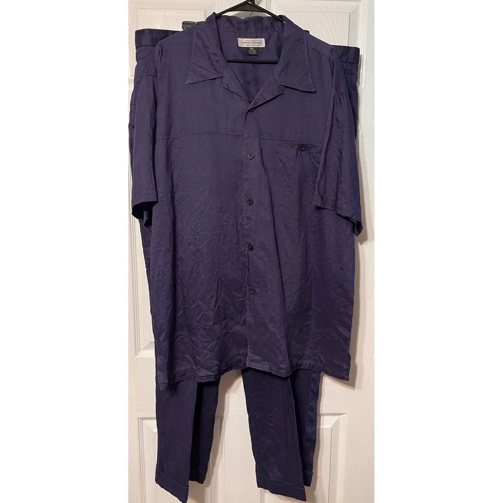 Man of Fashion Mens 2XL Navy Blue 100% Linen 2 Piece Shirt and Pants 44x34 Set